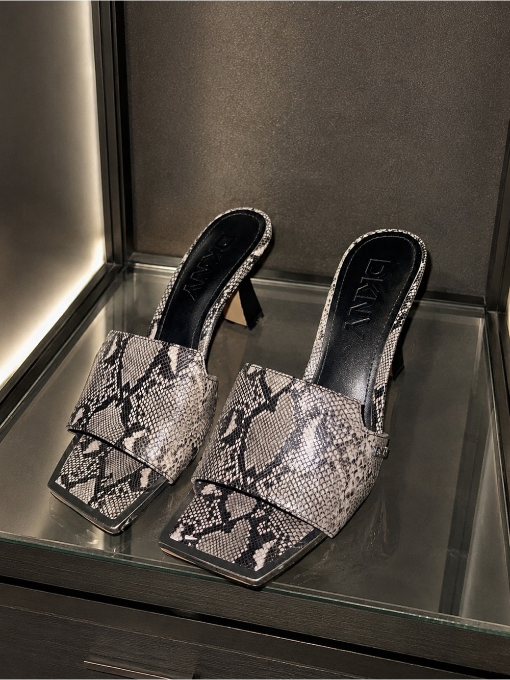 DKNY Snake Print Square Toe Slide Mules
